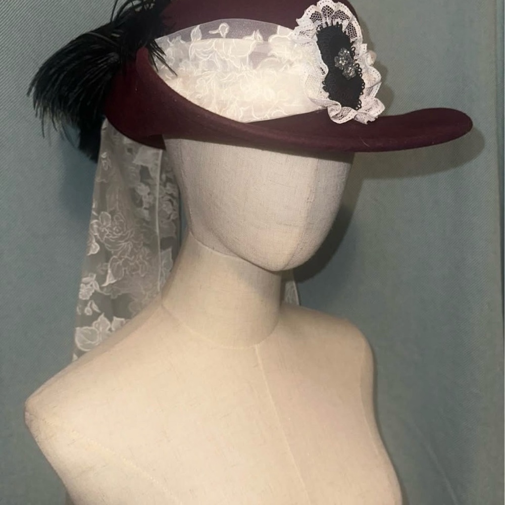 Civil War Ladies Victorian Elegant Burgundy Lace Hat with Feather Accent